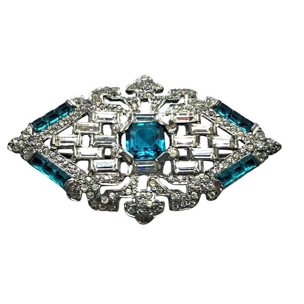Vintage Rhinestone Brooch Emerald Green Clear Baguettes Art Deco Pot Metal Costu